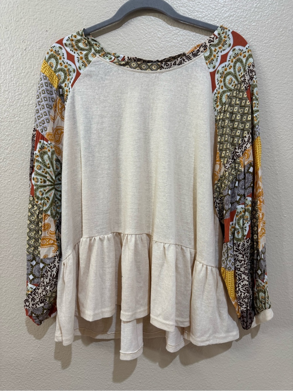 Umgee Cream Peasant Top with Multicolor Patchwork Sleeves L